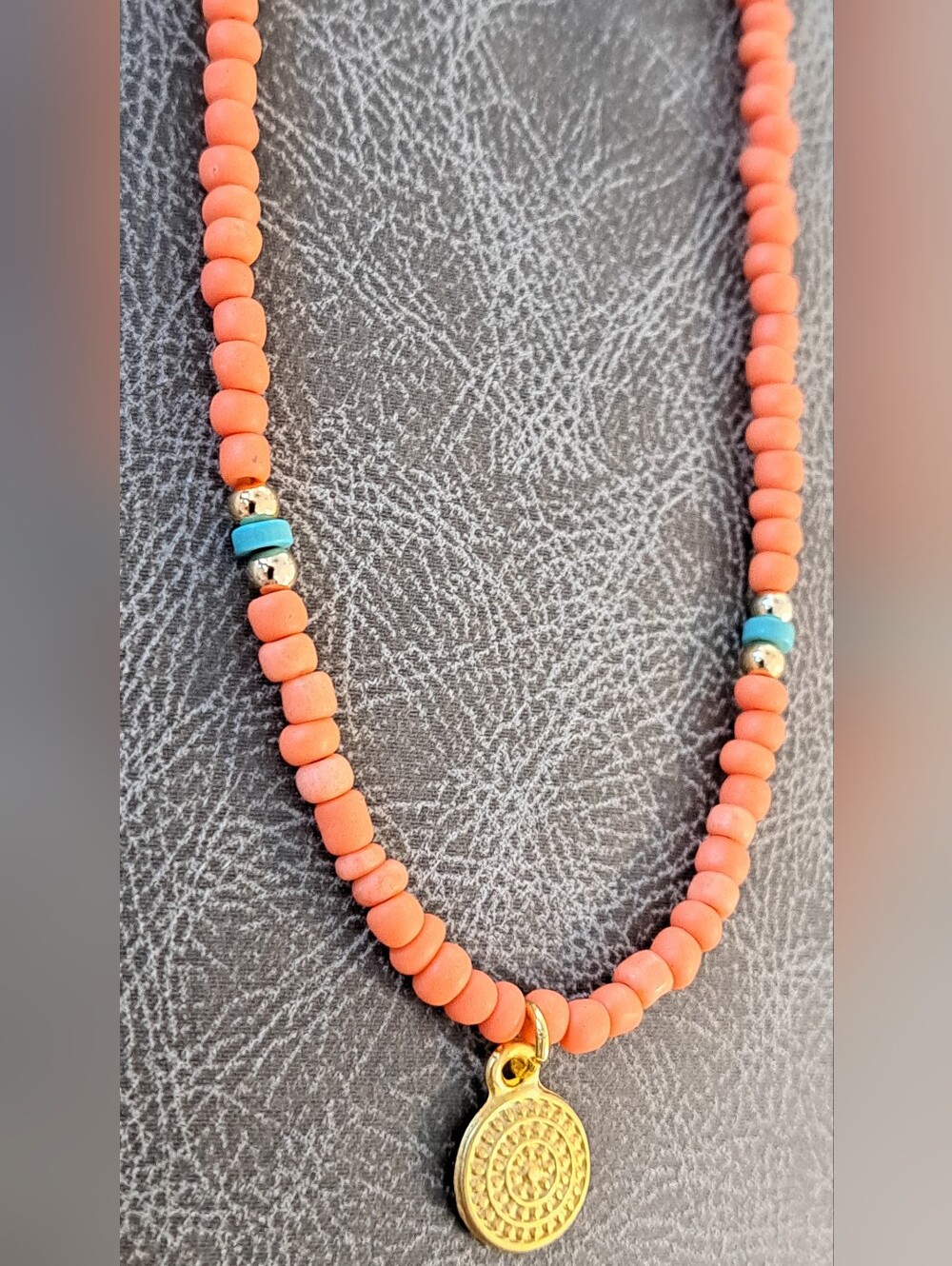 Coral Bead Choker Necklace with Turquoise Accents